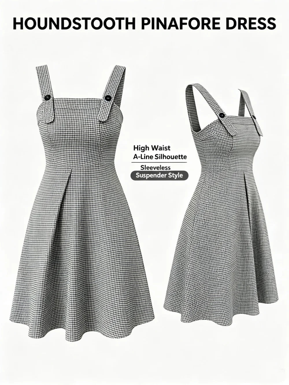 Women Vintage Houndstooth Pinafore Dress High Waist A-Line Mini Dress Adjustable Button Strap Sleeveless Suspender Skirt