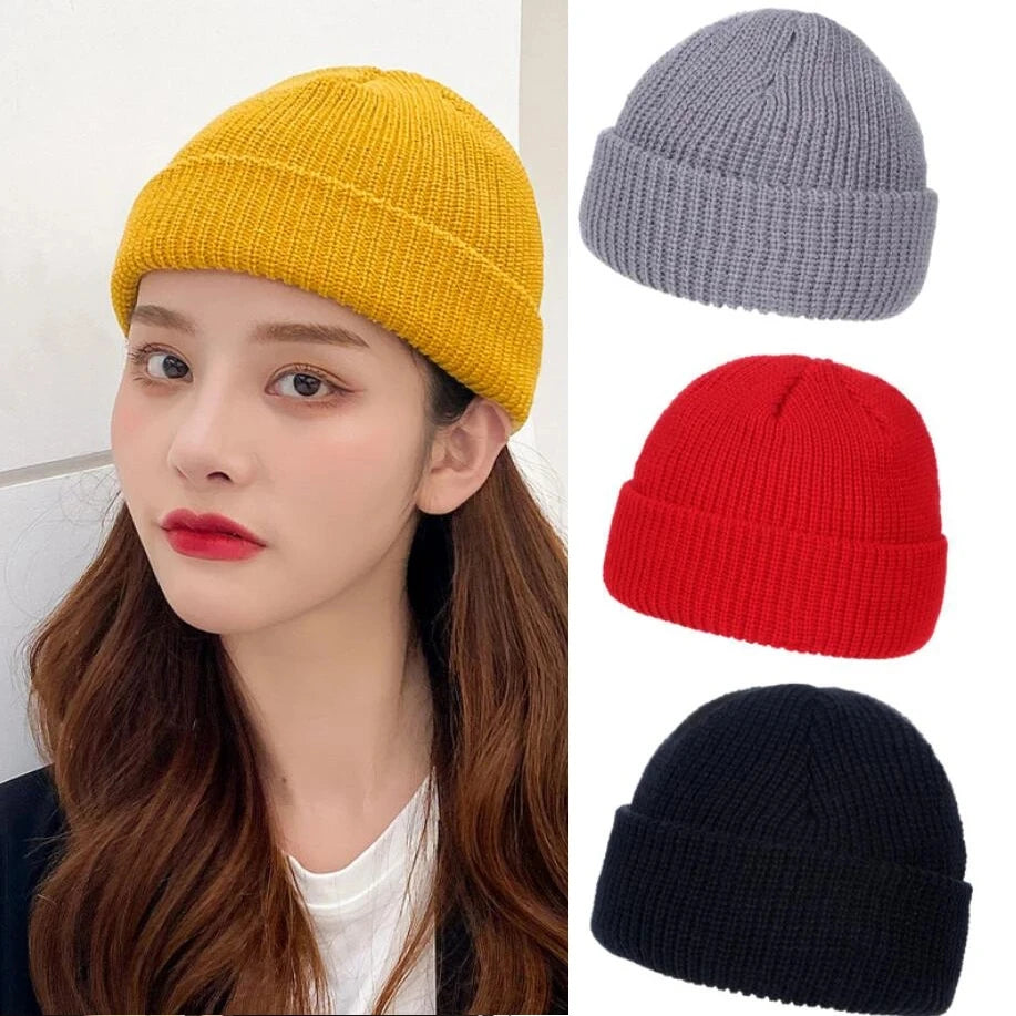 Retro Sailor Knit Beanie - Short Roll-Up Cuff Skull Cap, Unisex