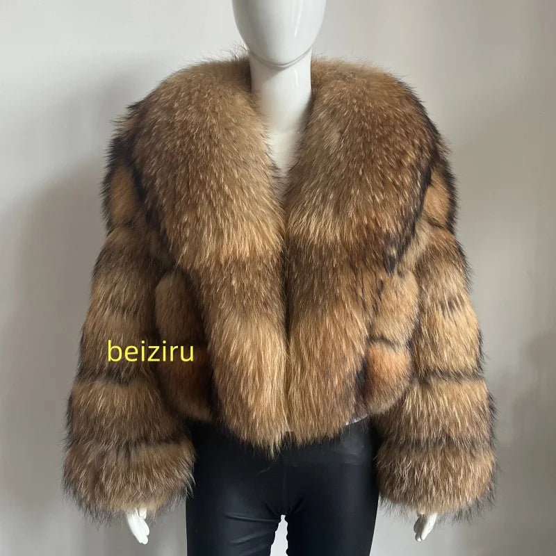Women's Hooded Raccoon Fur Coat, Turn-Down Collar