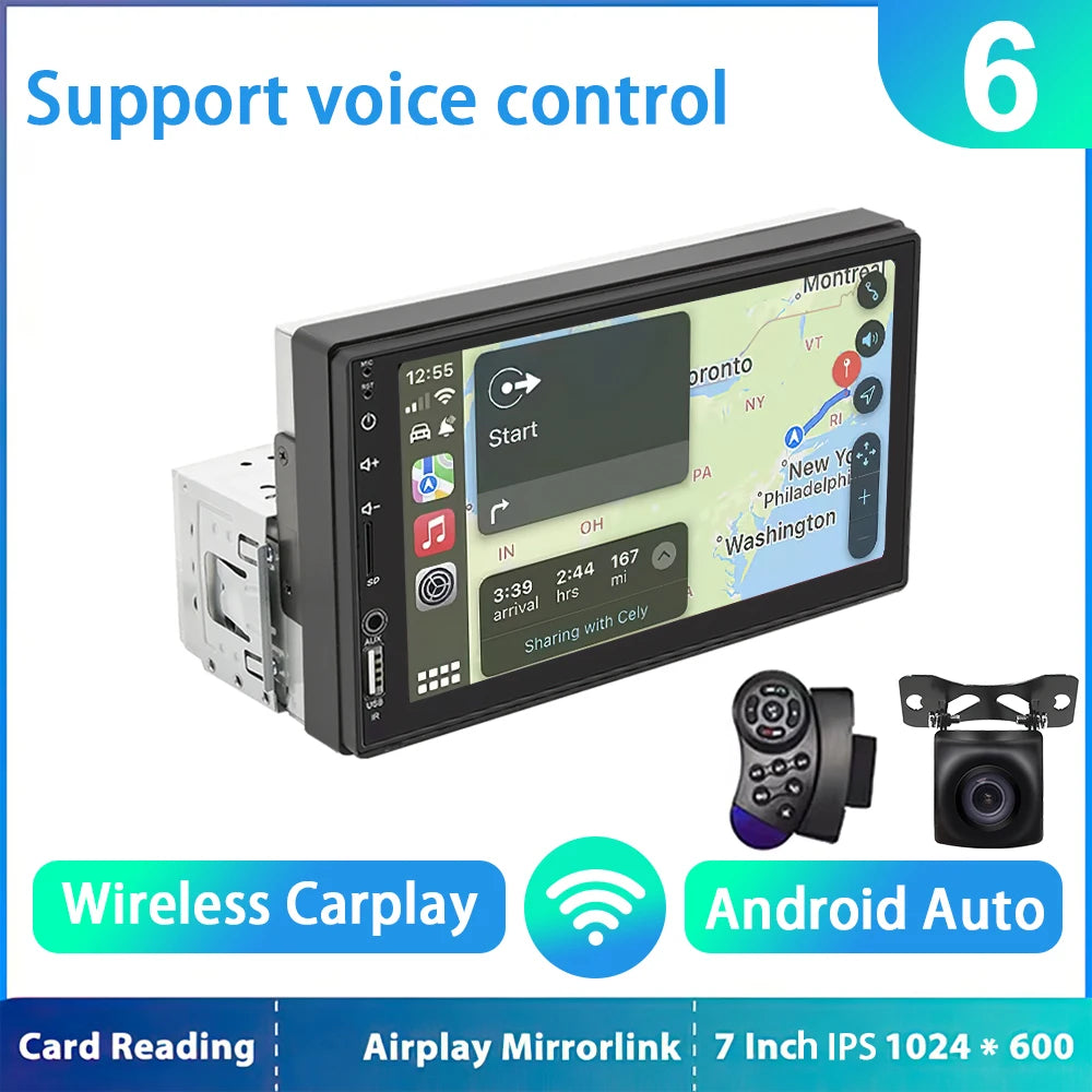 7" IPS 1-DIN Car Stereo — CarPlay, Android Auto, FM Receiver, HD Touchscreen