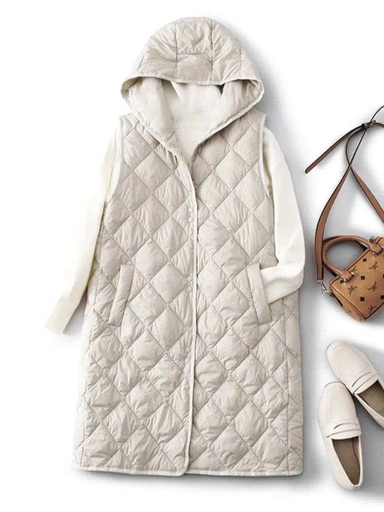 Women's Lightweight Long Hooded Vest - Loose Padded Winter Layer