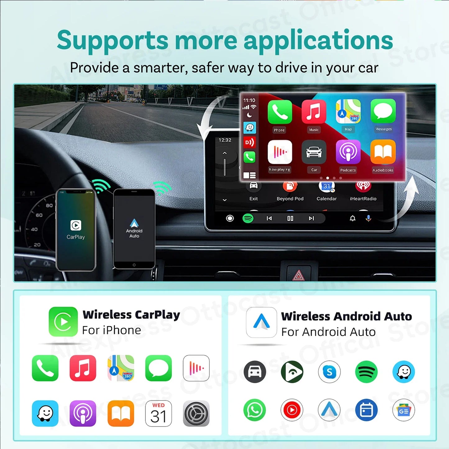 OTTOCAST MINI Slim Wireless CarPlay Android Auto Adapter 2 in 1 USB Dongle Car Accessories for VW Toyota Hyundai Kia Chevrolet