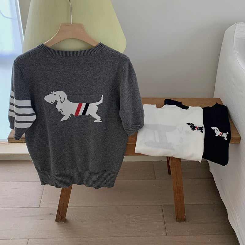 Women's Embroidered Striped Cotton T-Shirt — Loose Round-Neck Summer Top