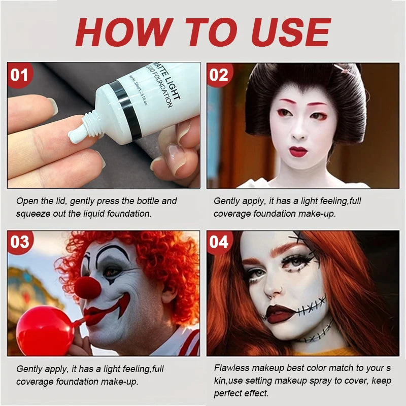 White Liquid Foundation Blending Pure-15ml Silky Creamy Matte Long-Wearing Transfer-Resistant for Stage Cosplay Halloween Makeup