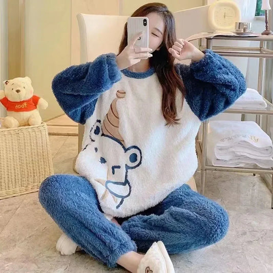 Women's Cartoon Bear Flannel Pajama Set - Padded Winter Sleepwear