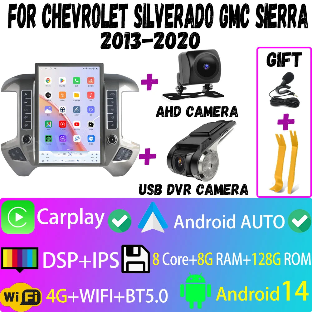 Car Radio For Chevrolet Silverado GMC Sierra 2013-2020 CarPlay Android Auto Automotive Multimedia Tesla Style Bluetooth 4G GPS