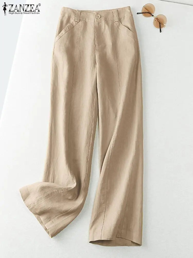 ZANZEA 2026 Spring Summer Cotton Linen Pants Women Long Trousers Wide Leg Plain Holiday Casual Pants Streetwear Fashion Bottoms