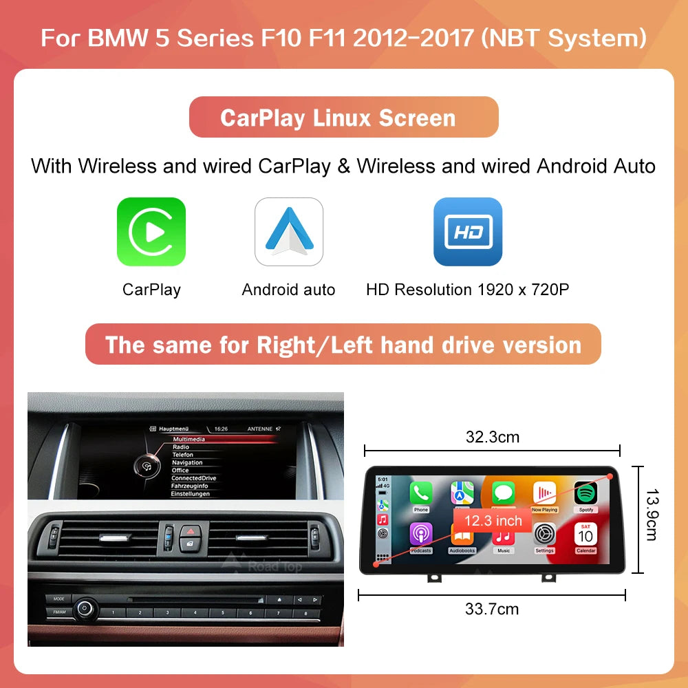 Wireless CarPlay & Android Auto Display Screen, Compatible with BMW 5 Series F10 F11 (CIC/NBT)