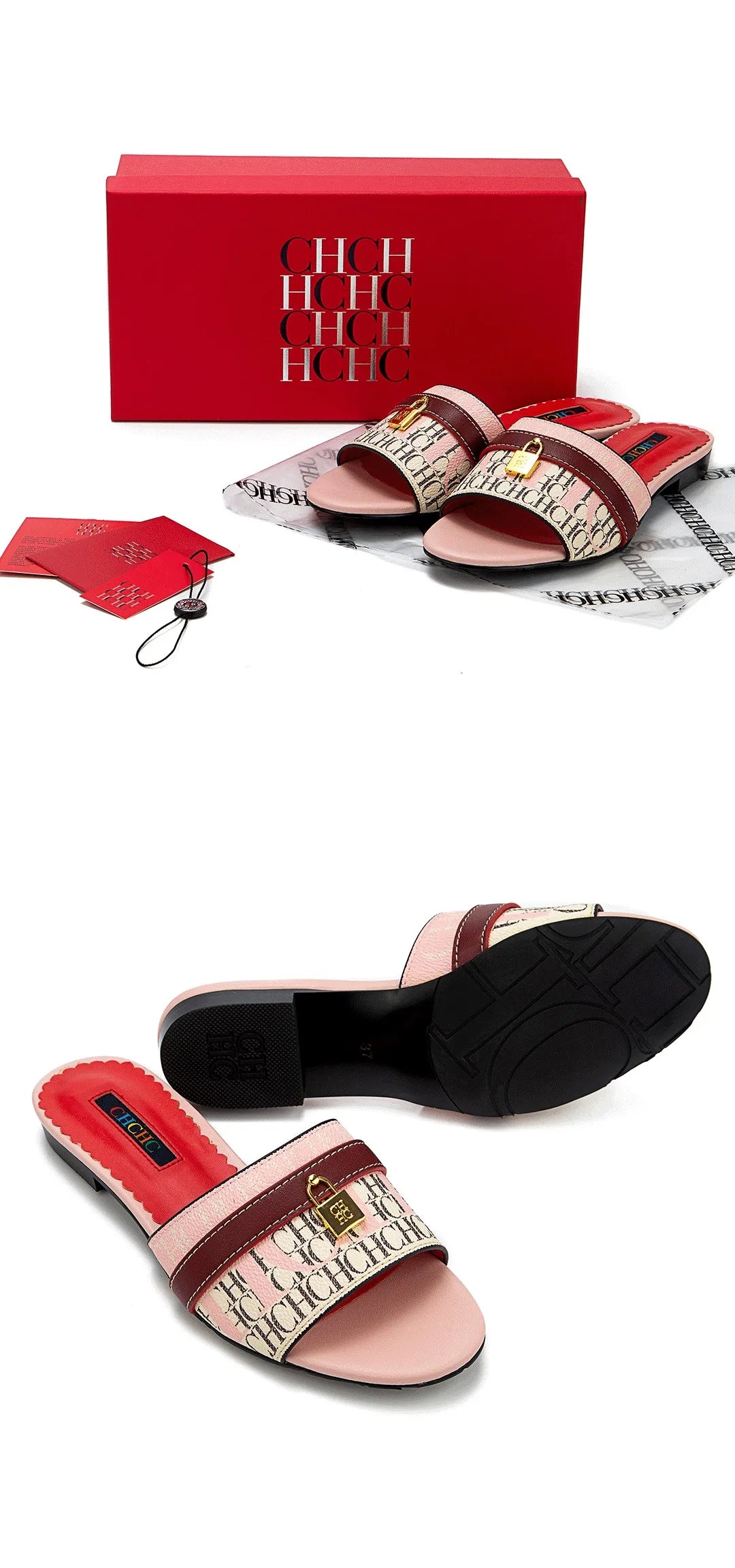 CH High Quality Metal Lock Monogram Print Women's Low Heeled Slippers Delicate and Versatile Women's Fashion Slippers