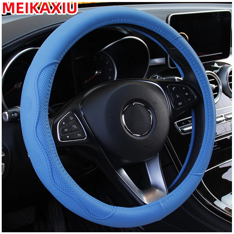 38cm PU Fiber Leather Steering Wheel Cover Embossed Style round Car Decorations Accessory with Inner Ring for All Seasons