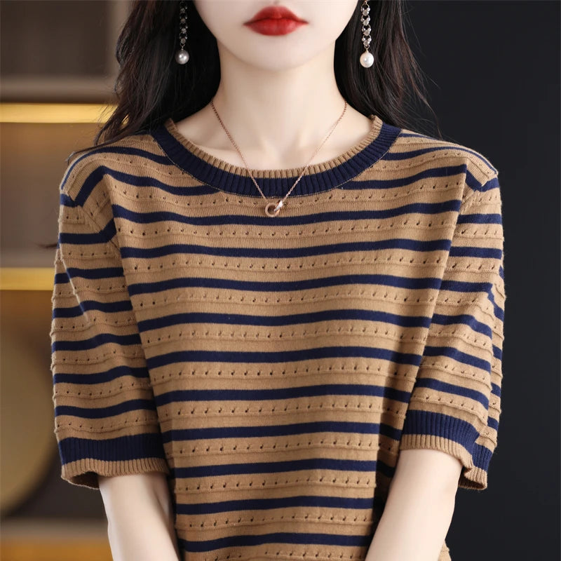 Pure Cotton Hollow Short-Sleeved Ladies Spring And Summer Loose Slim New Joker Knit Bottoming T-Shirt