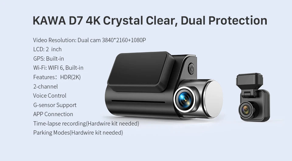 4K Front and Rear Dash cam KAWA D7,Video Recorder 4K WiFi6 Car Camera,DVR Tiny Rear Camera for AUTO,APP/Voice Control Dashcam