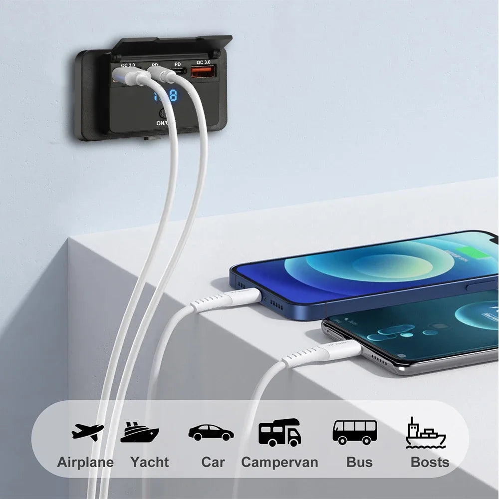 Car Charger Socket Adapter with Switch 2/4 Ports 12V 24V PD QC3.0 Charging Splitter Outlet for Bus RV ATV Truck Boat
