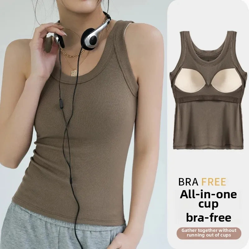 2-in-1 T-Shirt Bra Combo Top- Women's Seamless Built-in Vest,Summer Breathable Sleeveless Shirt & Casual Undershirt Sexy Top Y2k
