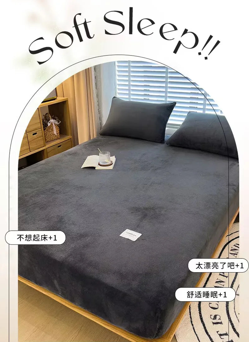 Soft warm plush fitted sheet elastic mattress cover fluffy coral fleece bed linen winter couple luxury double bed bedding﻿﻿