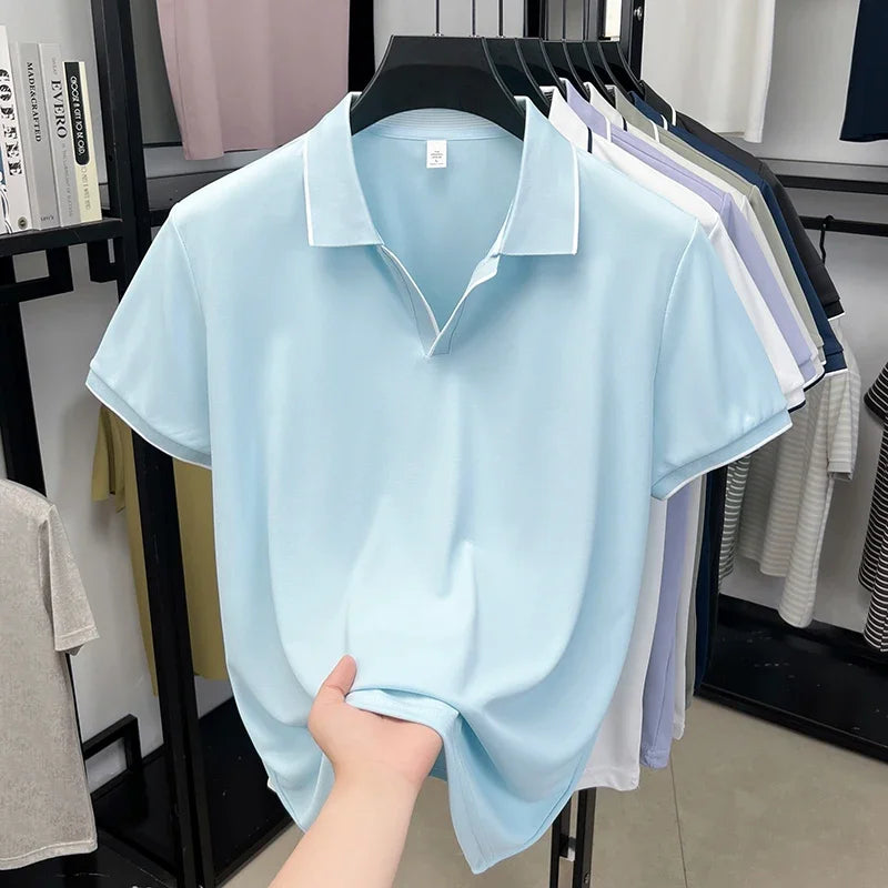 Men's Piping-Detail Polo - Soft Stretch, No-Button Placket