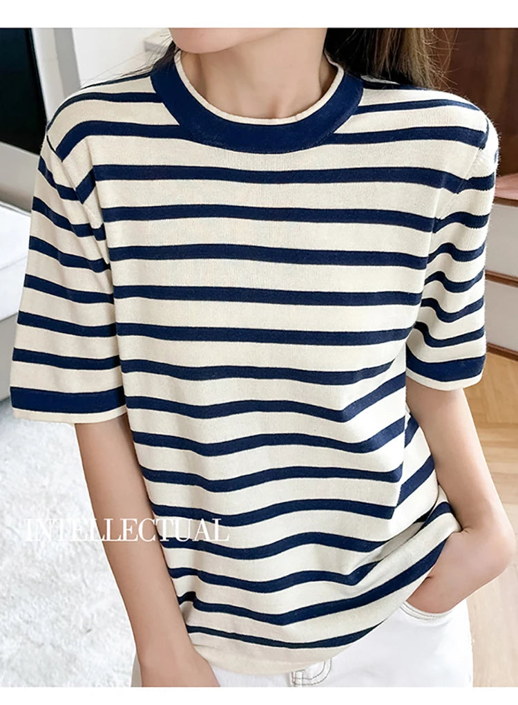 Summer new 100% pure cotton knitted short sleeved casual women's T-shirt round neck loose Tees striped pullover Tops cool