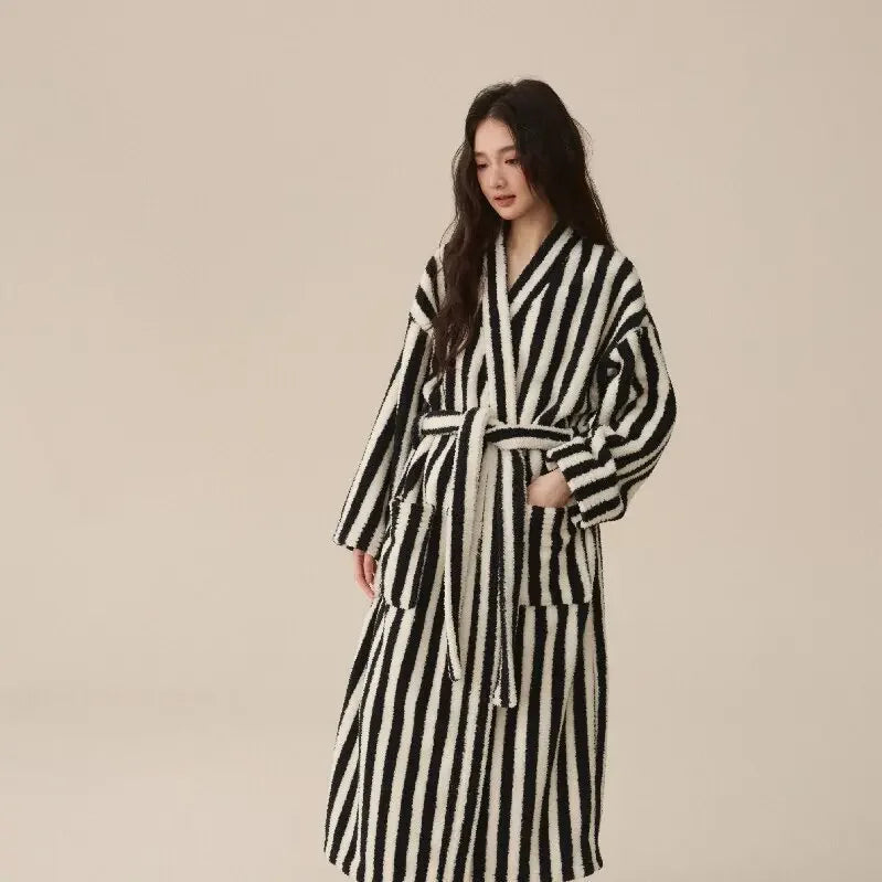 Striped Flannel Robe and Pants Set for Women and Men