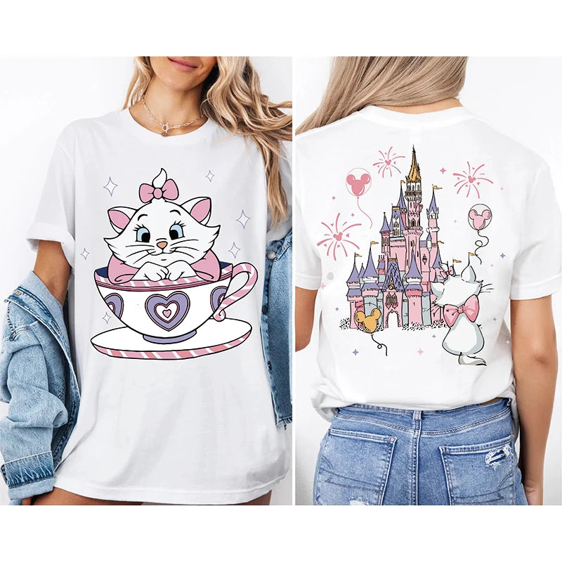 2026 Summer New The Aristocats Cartoon Anime Printed T-shirt Women's Fashion Casual T-shirt Mary Cat Crazy Teacup Party Shirt