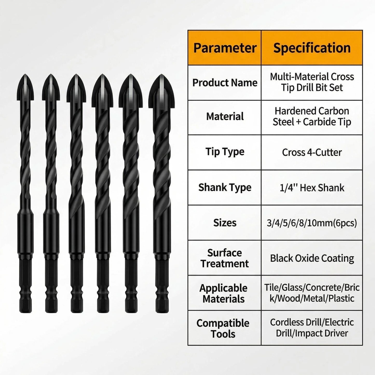 3 4 5 6 8 10 12mm Cross Hex Tile Drill Bit For Glass Concrete Ceramic Tile Hole Opener Tunsten Carbide Hard Alloy Bits Set Tools