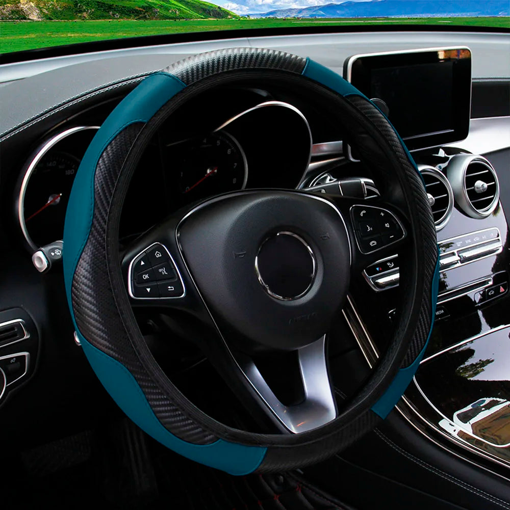 Carbon Fiber PU Leather Steering Wheel Cover – Universal Fit 14.5–15 Inch | Anti-Slip Car Interior Accessory