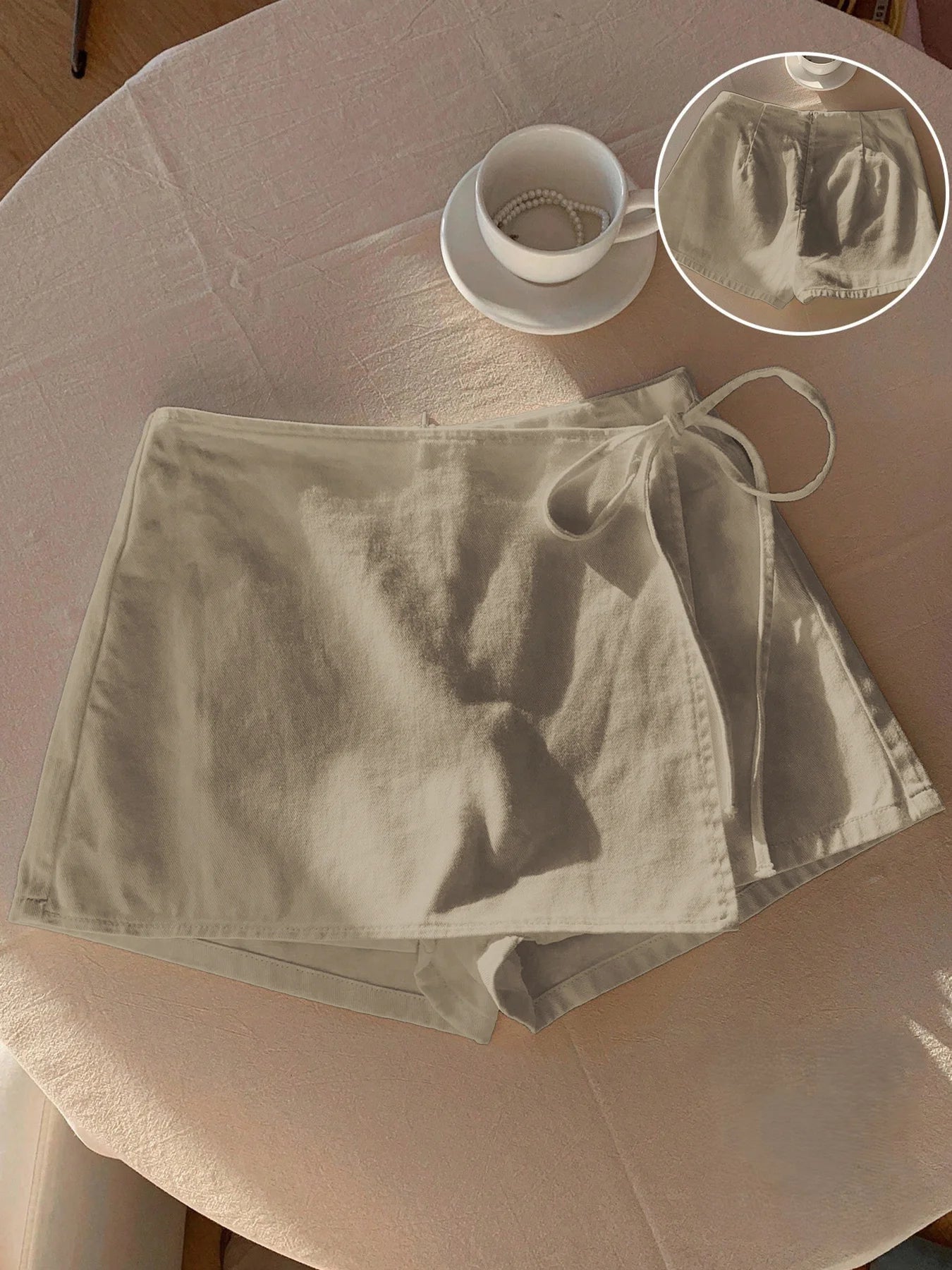 Ladies New Spring Summer Linen Solid Color Casual Sports Elastic Waist Drawstring Belted Skort for Spring Summer