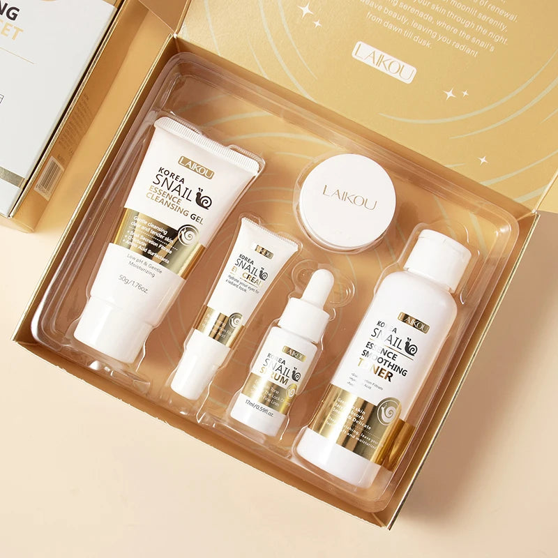 5pcs/set LAIKOU Snail Skin Care Moisturizing Renewing Skincare Collection Anti Wrinkle Hydrating Anti-aging Skin Care Cosmetics