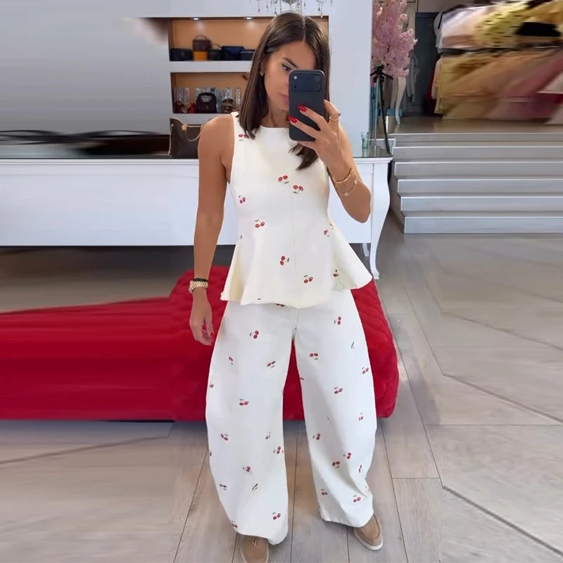 Printed Ruffle-Hem Top & Curved Pants Set — Women's 2-Piece
