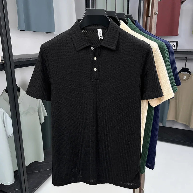 Men's Waffle-Knit Polo - Wrinkle-Free Three-Button, Office Casual