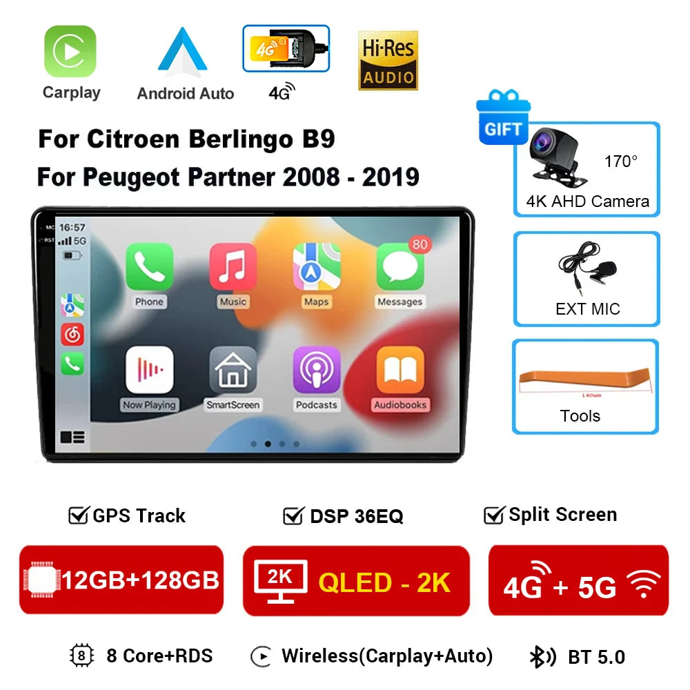 Android 16 Car Radio 4G+WIFI Carplay For Citroen Berlingo For Peugeot Partner 2008 - 2019 Navigation GPS Car Multimedia Player