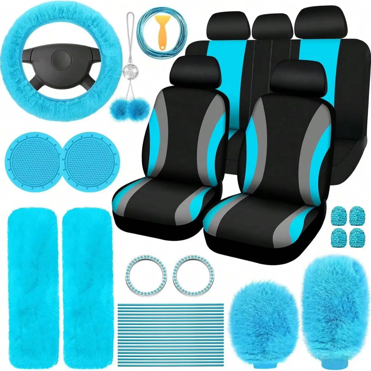 35-Piece Luxury Car Seat Cover Set - Soft Fluffy Steering Wheel Cover, Universal Safety Belt Protectors, Gear Shift Cover, Fashionable Interior Accessories For Women - Premium Polyester Fiber, Easy To Install, Stylish, And Pr