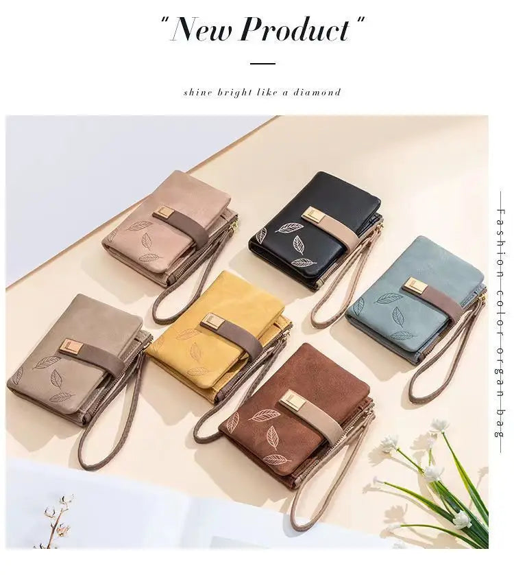 Spring/Summer 2026 new women's short wallet, high-quality PU hardware leaf buckle, solid color zipper, student coin coin purse,