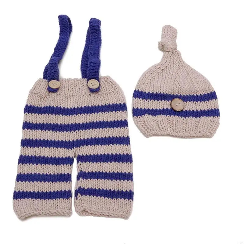 Newborn Striped Knit Hat and Jumpsuit Set - Baby Photo Outfit - photo 7
