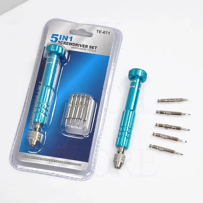 5 in 1 Mini Precision Screwdriver Set with Magnetizer TE-671 Aluminum Alloy Handle Interchangeable Bits for iPhone Camera Watch