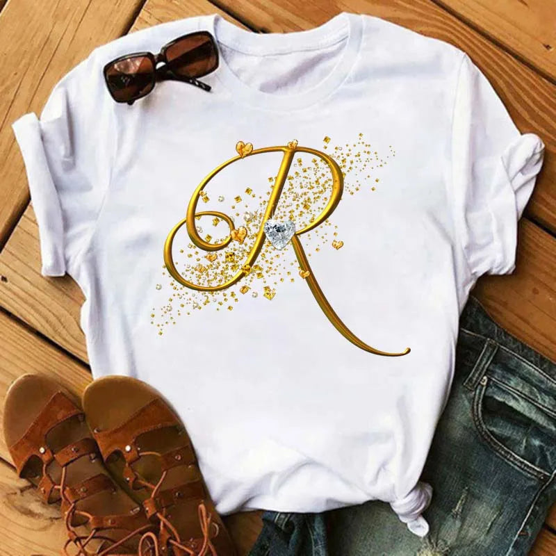 Women's Personalized Letter Graphic Tee — Gold Diamond-Font Monogram Short-Sleeve Top