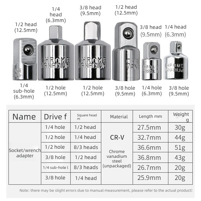 Sockets Set 1/4 Adapter 3/8 Adapter At 1/2 Tools For Mechanic 6pcs Ratchet Wrench Stainless Steel Converter Sleeve Head