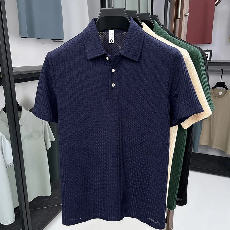Men's Thin Waffle-Knit Polo - Slim Elastic, Three-Button Lapel