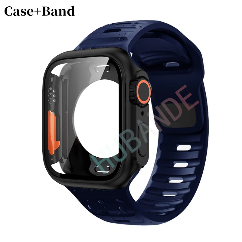 Silicone strap For Apple Watch 44mm 45mm 41mm 40mm Bracelet+Screen protectores Change to Ultra For iWatch Series 9 8 7 SE 6 5 3