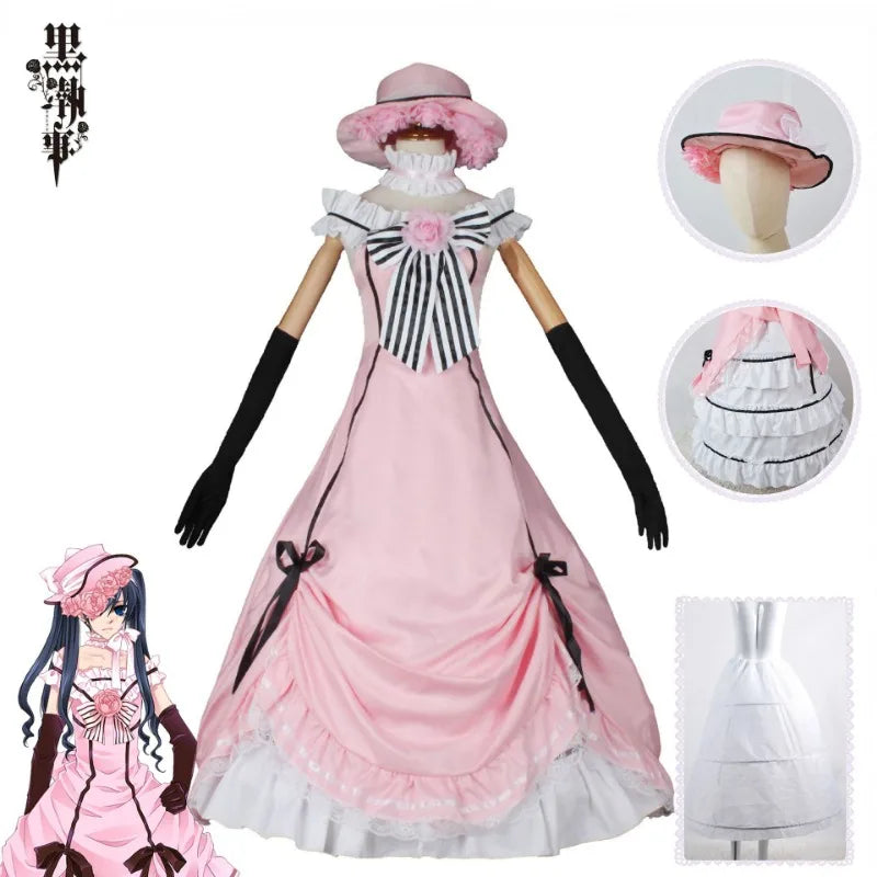 Anime Black Butler Ciel Phantomhive Young Master Cosplay Pink Robin Uniform Lolita Suit Wig Sleeveless Lace Maid Cut Dress