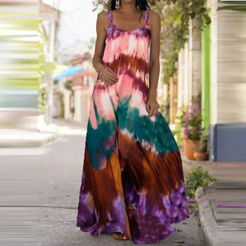 Women's Flame Print Sleeveless Maxi Dress – Casual Summer Sundress