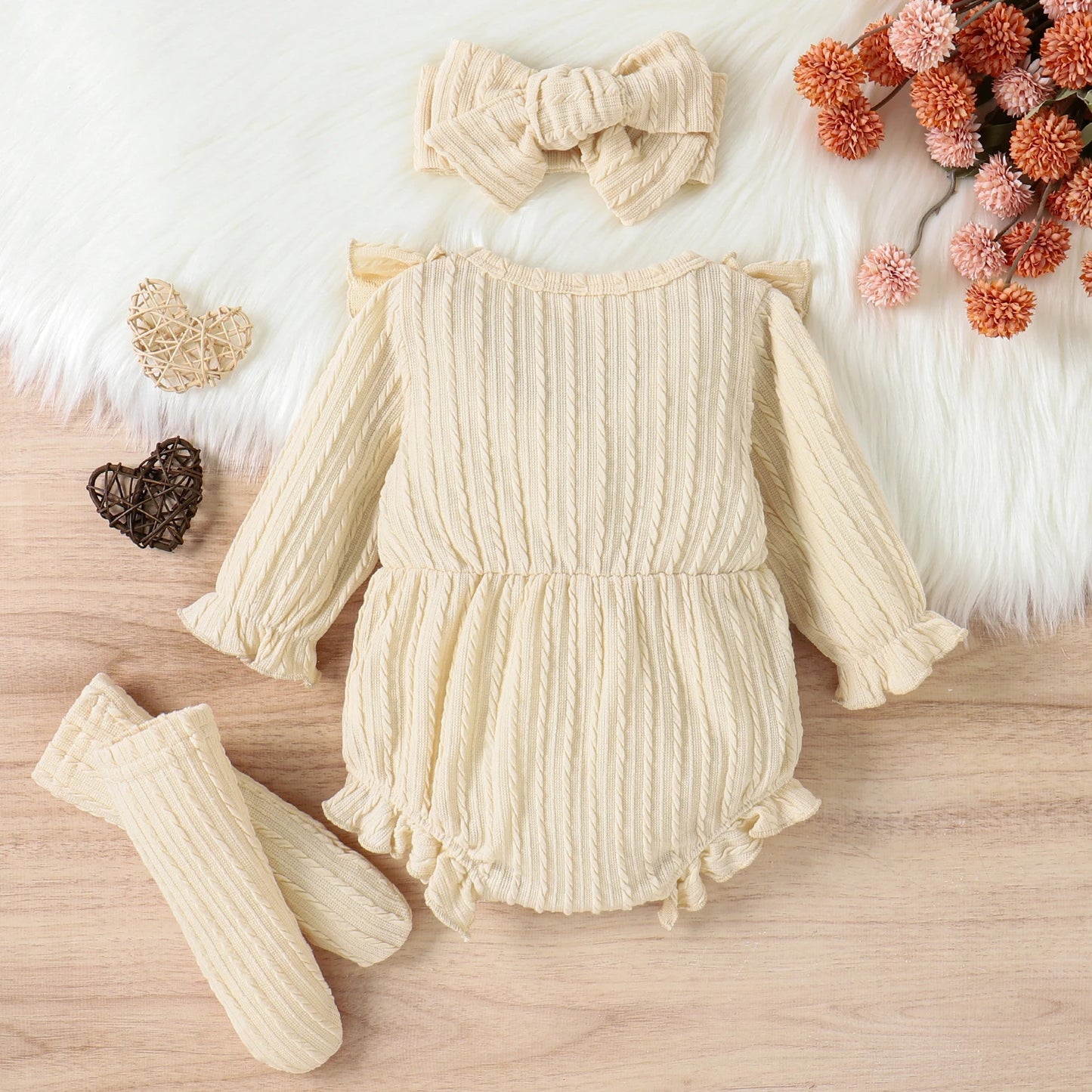 Infant Newborn Baby Girls 3Pcs Spring Autumn Outfits, Long Sleeve Button Front Ruffle Romper + Socks + Headband Set