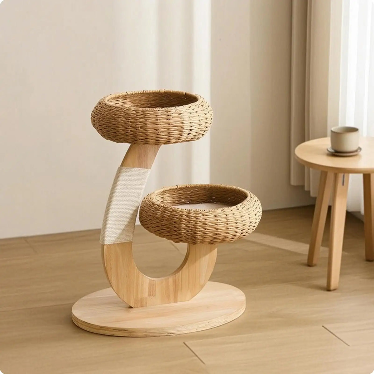 Wooden Cat Tree with Rattan Perch Compact Cat Tree with Perch Sturdy for Kittens