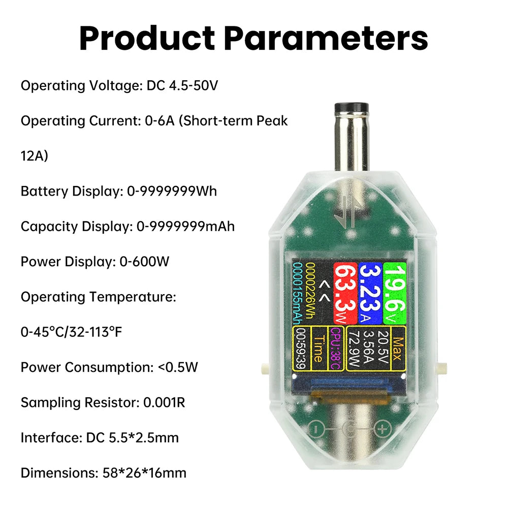 DC5.5 * 2.5 Interface Tester DC 4.5-50V 0-12A High-precision Voltage Current Tester Digital Voltmeter Ammeter Power Meter DT550