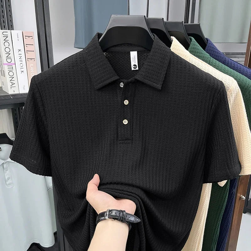 Men's Waffle-Knit Polo - Wrinkle-Free Three-Button, Office Casual
