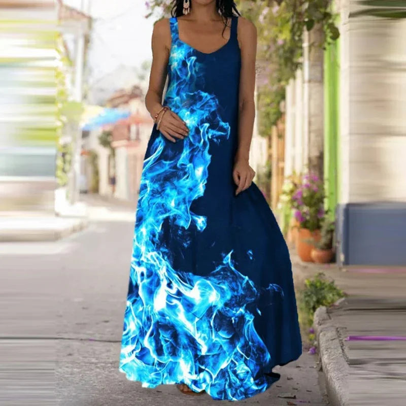 Women's Flame Print Sleeveless Maxi Dress – Casual Summer Sundress