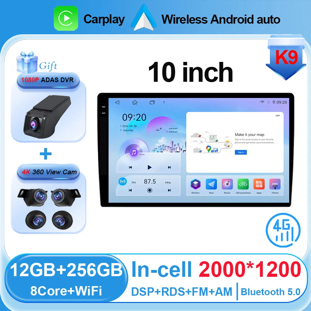 Universal 2-DIN Android Car Stereo (9"/10") — CarPlay, Android Auto, GPS, QLED Screen, Bluetooth