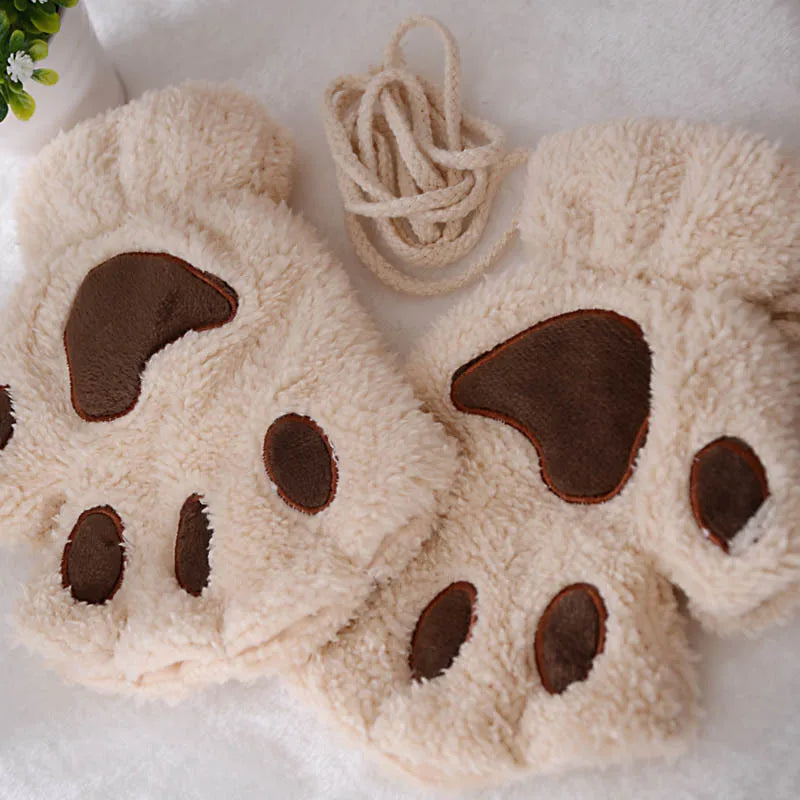 Women's Cat Paw Plush Mittens, Fingerless