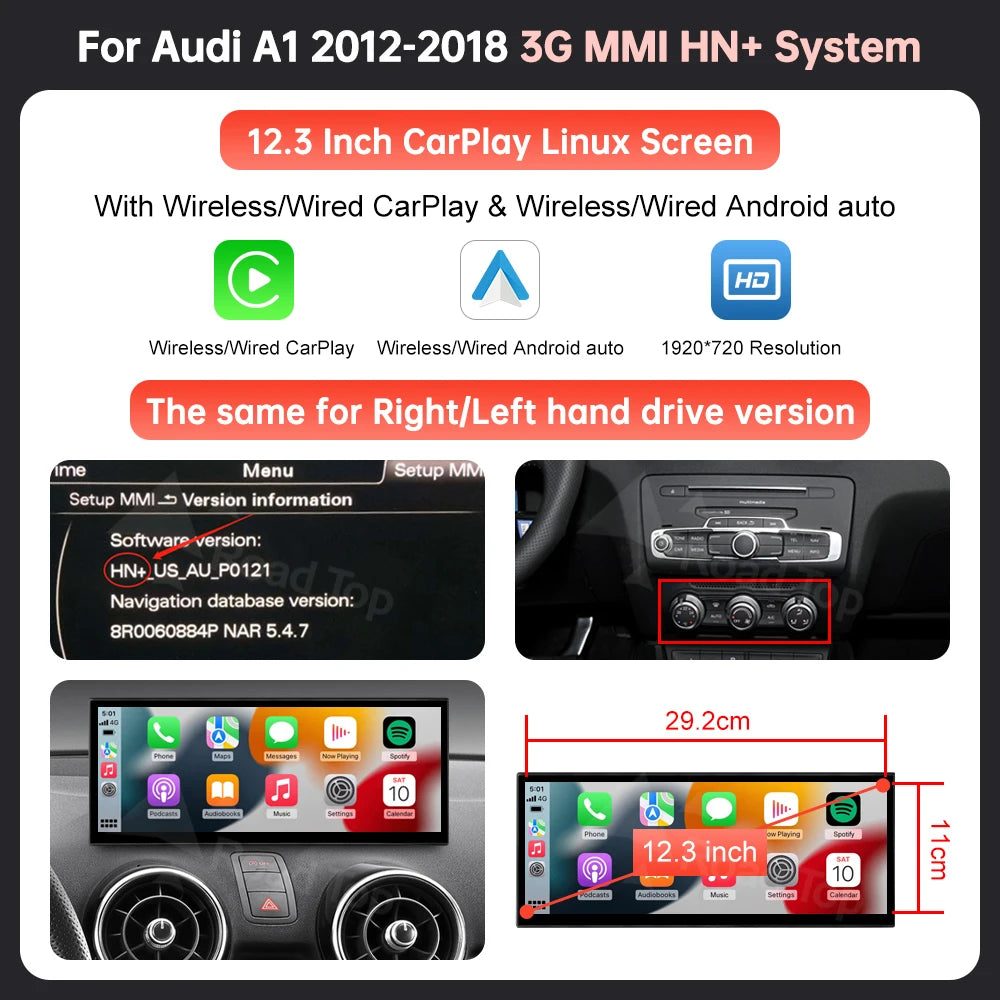 12.3" Wireless CarPlay & Android Auto Display Screen, Compatible with Audi A1 & Q3 (2012-2018)