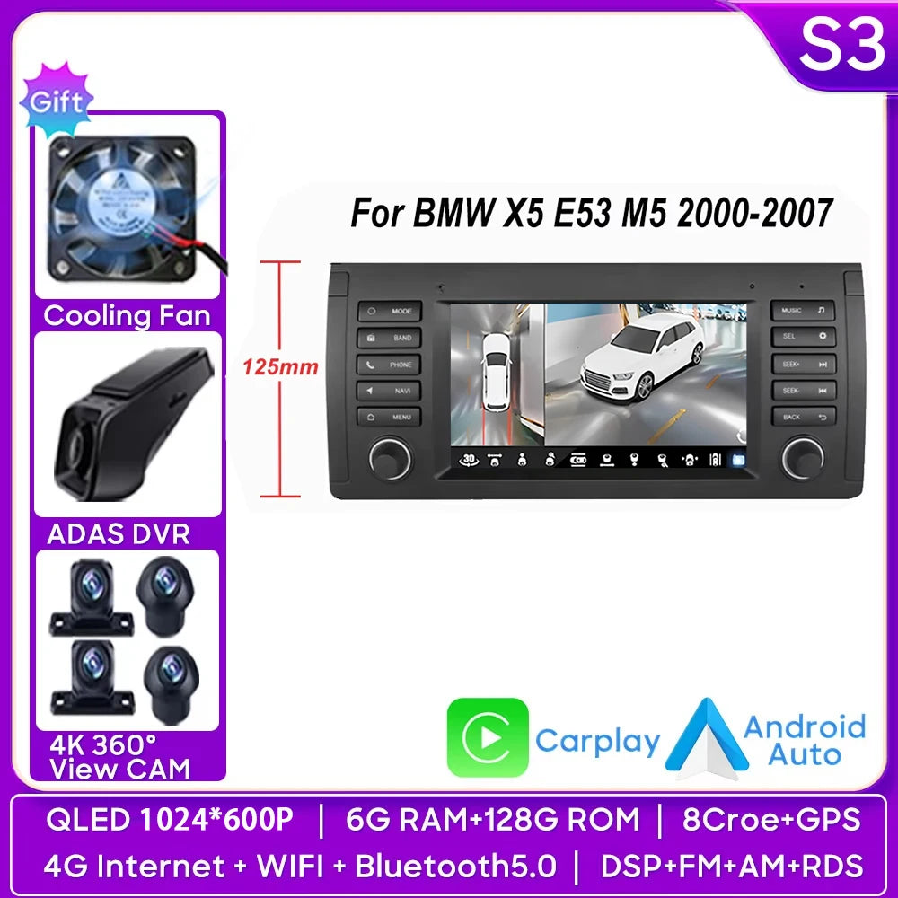 7" Android Car Stereo for BMW 5 Series E39 & X5 E53 (1996–2003) — Android Auto, GPS, 4G, WiFi, 2-DIN
