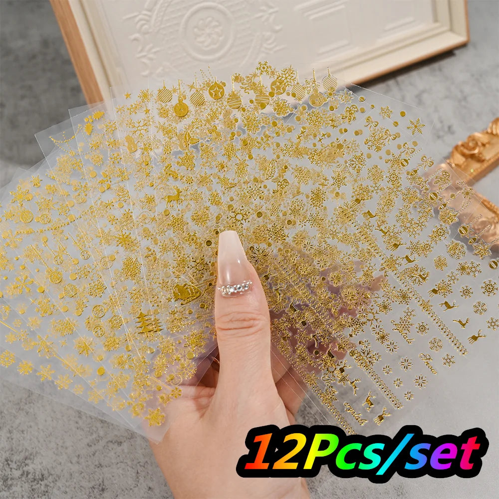 12Pcs/set Laser Silver Snowflake Nail Stickers Set  3D Winter Elk Snowflake Nail Art Decoration DIY Holographic Snowflake Slider